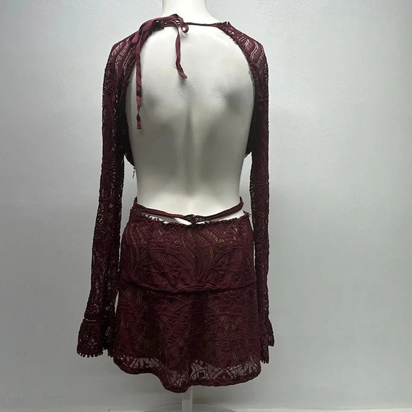 For Love And Lemons Emerie Cut Out Dress Mini Lace Long Sleeve Merlot Red Medium - Picture 6 of 12